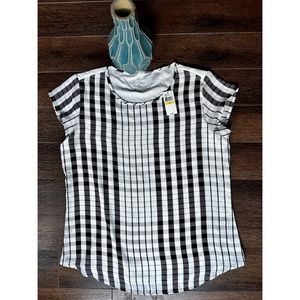 NWT Van Heusen Black and White Plaid Cap Sleeve Mixed Media Blouse. Size M.
